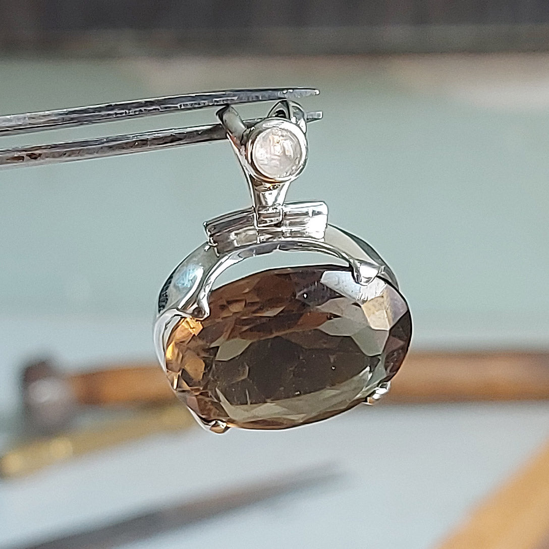 Smoky Quartz Faceted Oval W/ R. Moonstone Accent Sterling Silver Remembrance Pendant