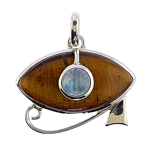Blue Tiger Eye With Accent Moonstone Eye Of Horus Sterling Silver Pendant
