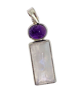 Rainbow Moonstone with Amethyst Rectangle Sterling Silver Pendant