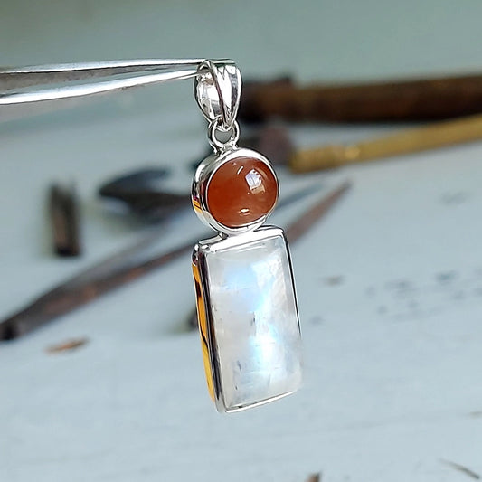 Sunstone With Rainbow Moonstone Rectangle Sterling Silver Pendant