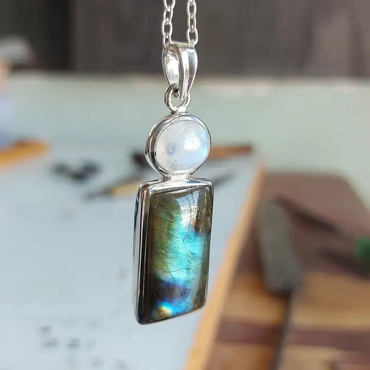 Labradorite With Rainbow Moonstone Rectangle Sterling Silver Pendant