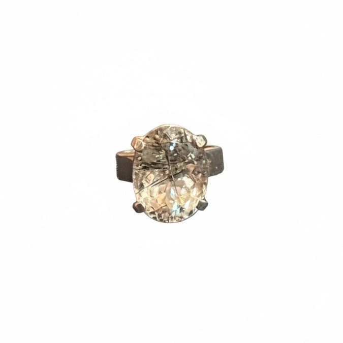 Black Tourmaline Quartz Faceted Oval Cab Claw Set Sterling Silver Ring Size 6
