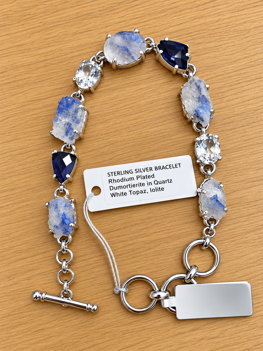 Dumortierite in Quartz Raw, Faceted White Topaz & Iolite .925 Silver Link Bracelet