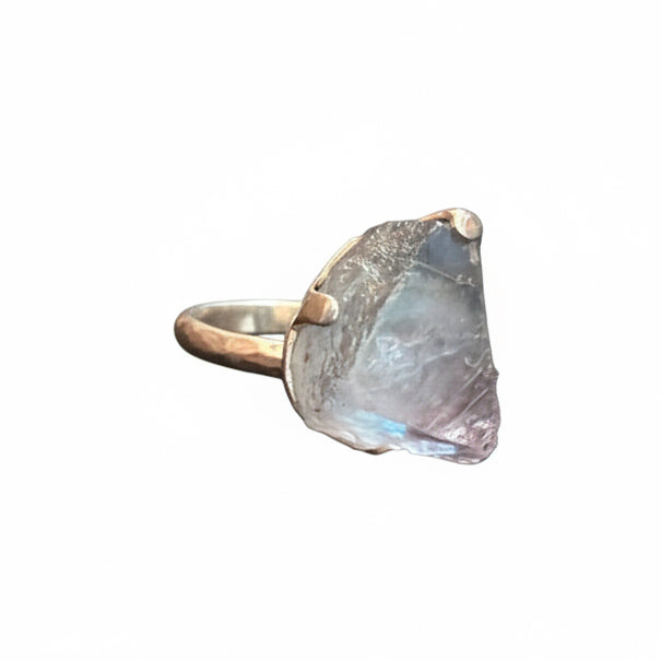 Fluorite Natural Claw Set Beated Band .925 Sterling Silver Ring Size 8