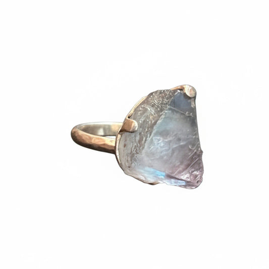 Fluorite Natural Claw Set Beated Band .925 Sterling Silver Ring Size 8
