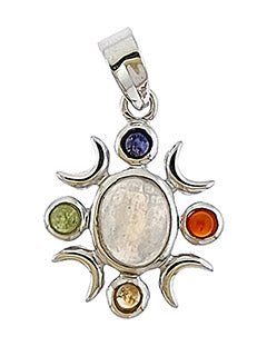 Rainbow Moonstone Four Directions Crescent Moon W/ Stones Sterling Silver Pendant