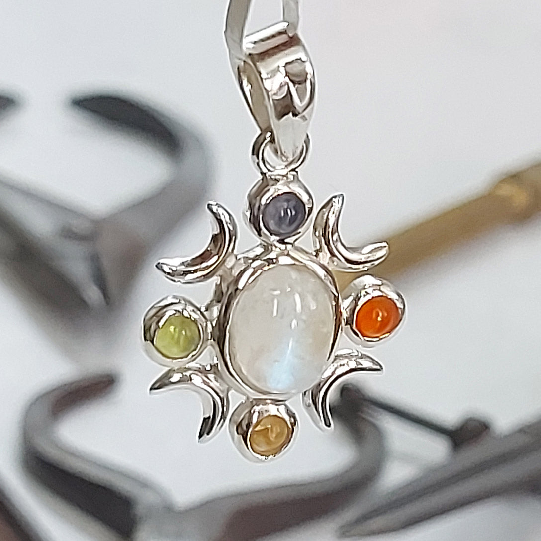 Rainbow Moonstone Four Directions Crescent Moon W/ Stones Sterling Silver Pendant