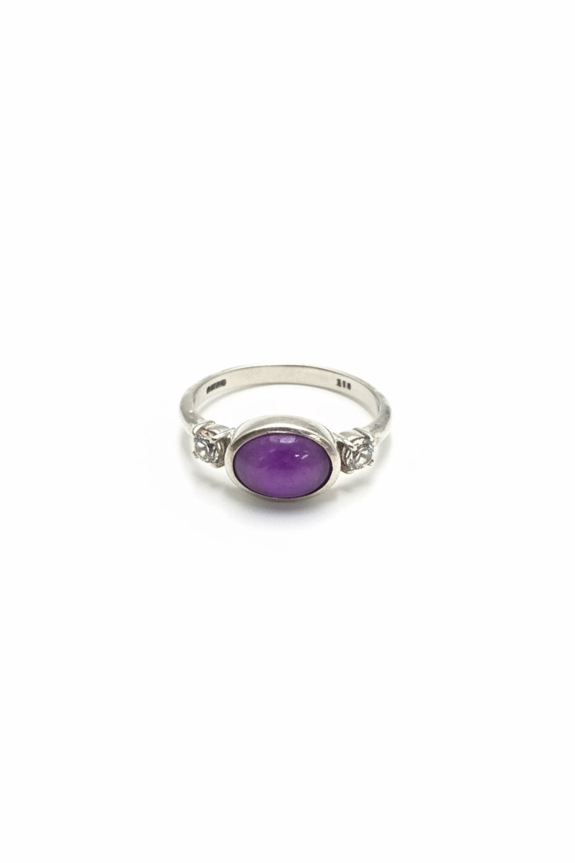 Sugilite Oval with Faceted Accent White Topaz Beated Band .925 Sterling Silver Ring Size 6