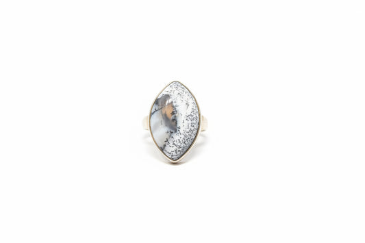 Dendritic Agate .925 Silver Rhodium Plated Ring Size 9