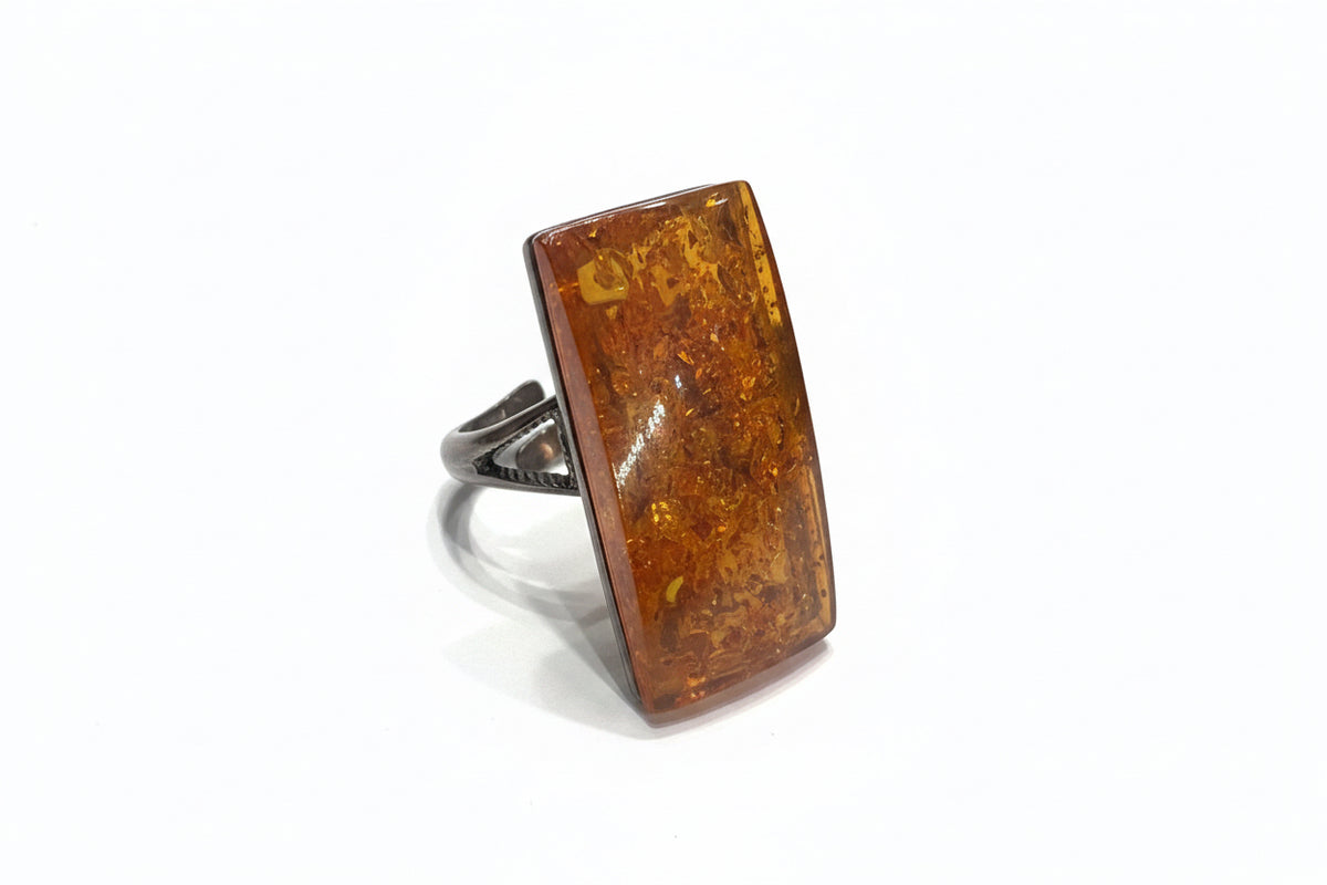 Baltic Amber Cab Rectangle Adjustable Sterling Silver RIng
