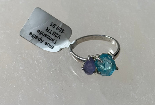 2 Stones Sterling Silver Ring Size 9 featuring blue apatite and tanzanite for a vibrant and elegant look.
