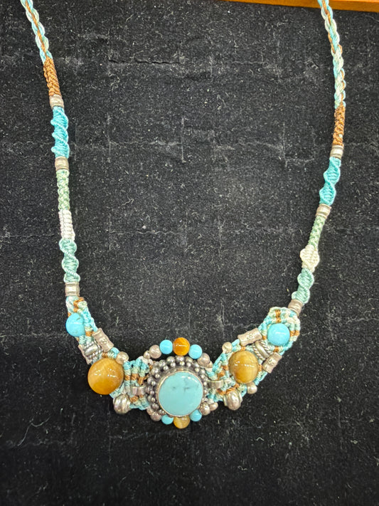 Turquoise Cats Eye Tribal Necklace .925 Silver Indonesian Handmade