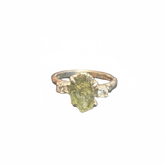 Moldavite Natural & 2 White Topaz .925 Sterling Silver Ring Size 9