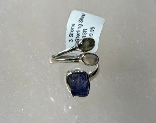 3 Stone Sterling Silver Ring Size 6 featuring tanzanite, rainbow moonstone, and labradorite for a vibrant, elegant look.
