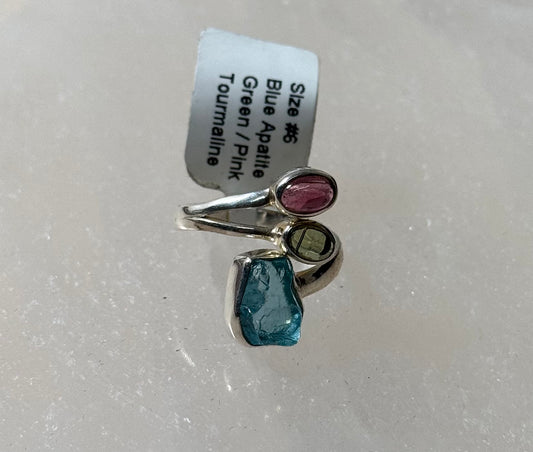 3 Stones Sterling Silver Ring Size 6 featuring blue apatite and green/pink tourmaline for a vibrant and elegant look.
