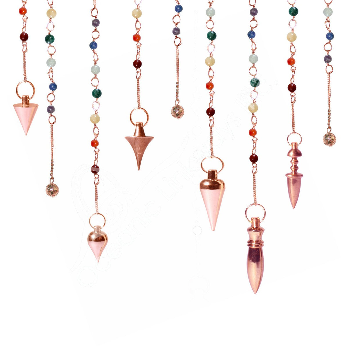 COPPER PLATED METAL MIXED SHAPES CHAKRA CHAIN 10″L - PENDULUM