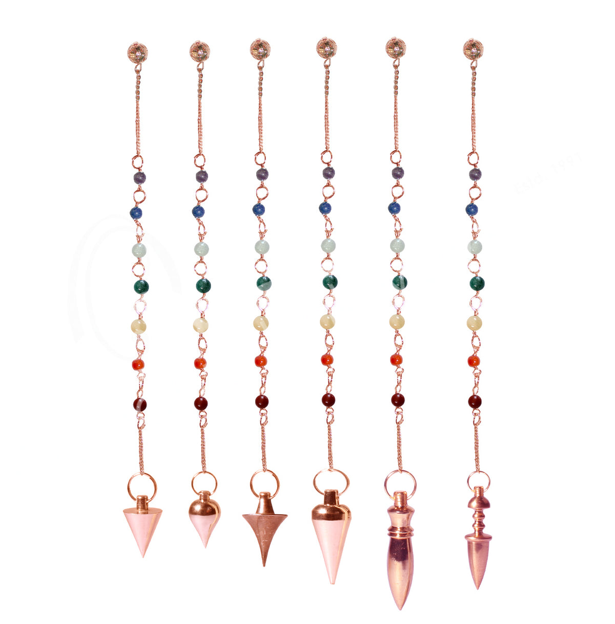 COPPER PLATED METAL MIXED SHAPES CHAKRA CHAIN 10″L - PENDULUM