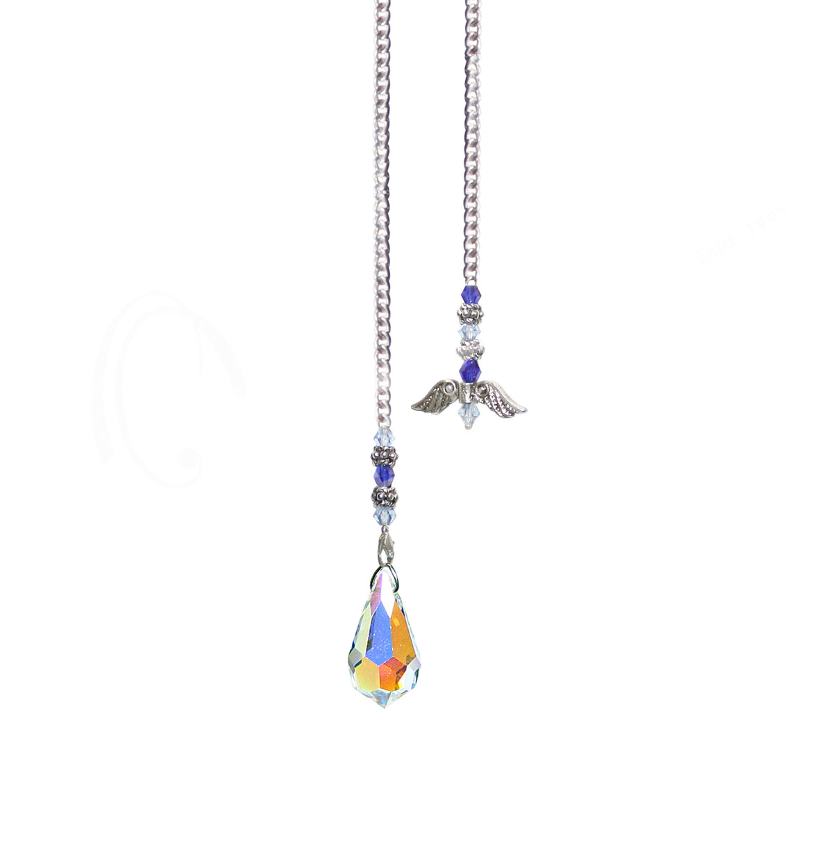 CRYSTAL AB FACETED TEARDROP ANGEL WINGS BEADED CHAIN 10.5-11″L PENDULUM