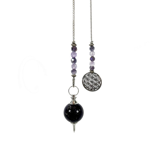 Amethyst Ball / Sphere With Beads & Flower Of Life Charm Pendulums 11″L