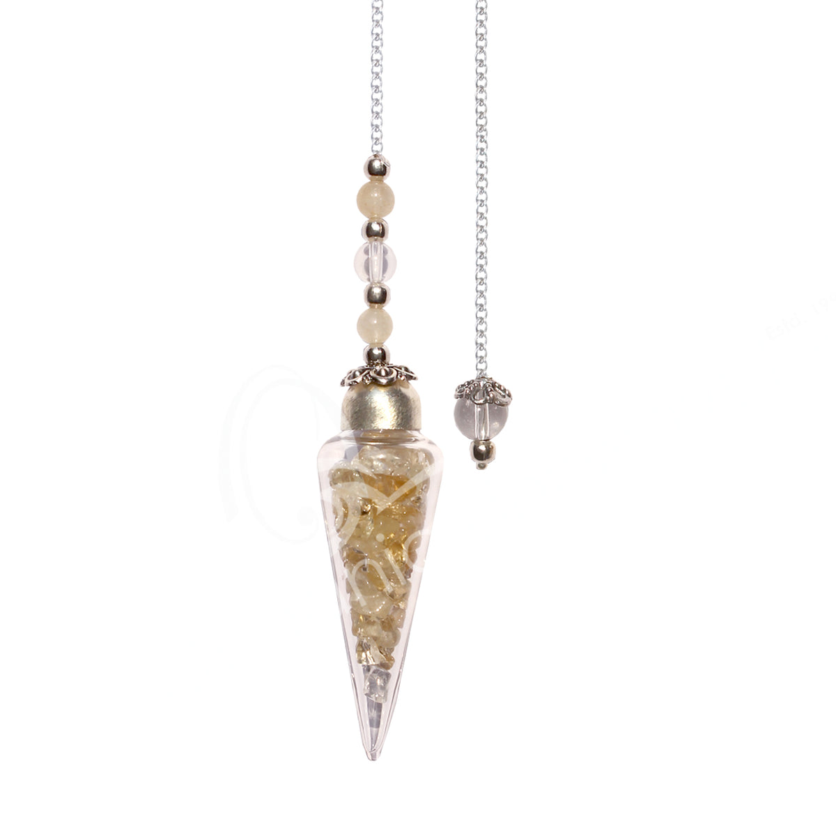 CITRINE CHIPS STONES GLASS TEARDROP BEADED CHAIN 11″L PENDULUM