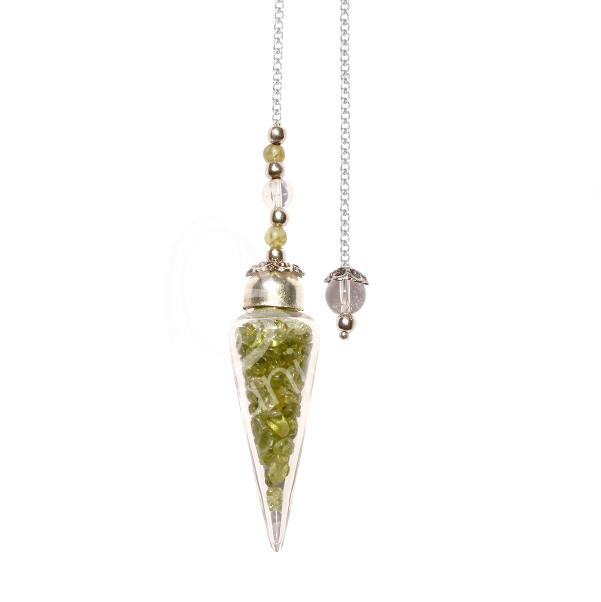 PERIDOT CHIPS STONES GLASS TEARDROP BEADED CHAIN 11″L PENDULUM