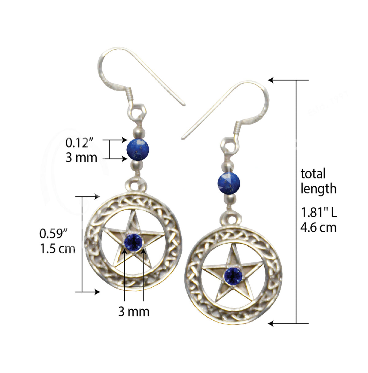 Pentacle W/ Lapis Lazuli Sterling Silver 2" Earrings