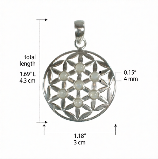 Flower Of Life W/ Rainbow Moonstone Sterling SIlver 1" Pendant