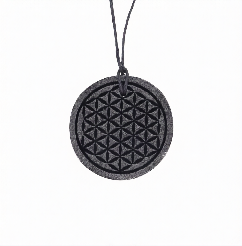 Black Obsidian Engraved Flower Of Life W/ Black Cord Clasp Necklace