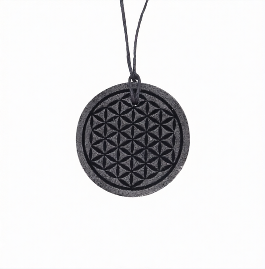 Black Obsidian Engraved Flower Of Life with Black Cord Clasp Necklace