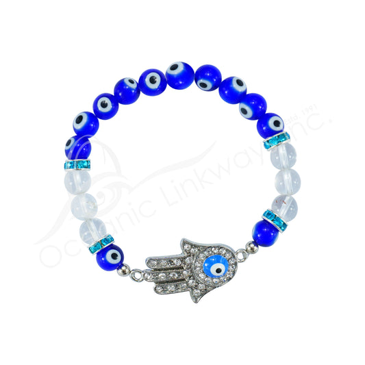Evil Eye With Clear Quartz & Hamsa Gem Hand 8MM Beaded Bracelets W/ Spacer