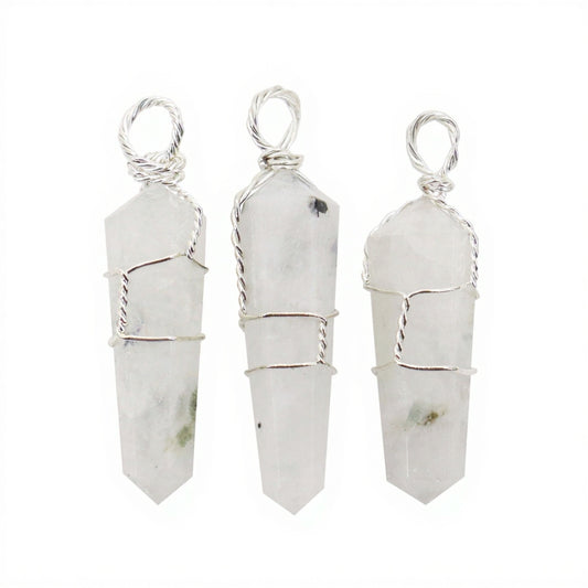 Rainbow Moonstone Wire Wrapped D/T Point Pendant