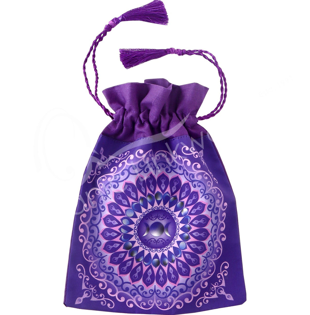 PURPLE GODDESS MANDALA WITH TASSELS 6 X 8″ PRINTED BAG