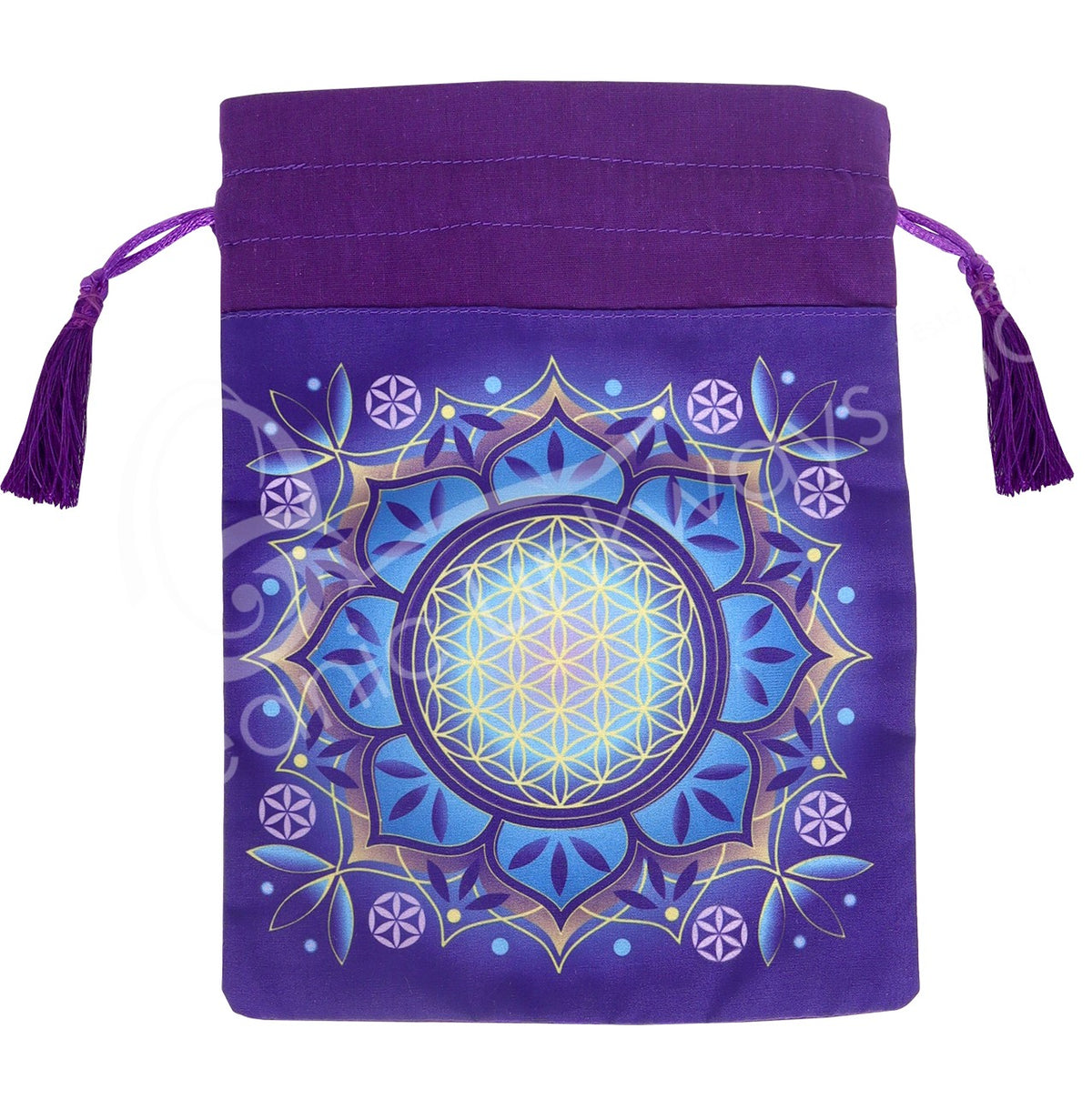 PURPLE FLOWER OF LIFE MANDALA WITH TASSELS 6 X 8″ PRINTED BAG