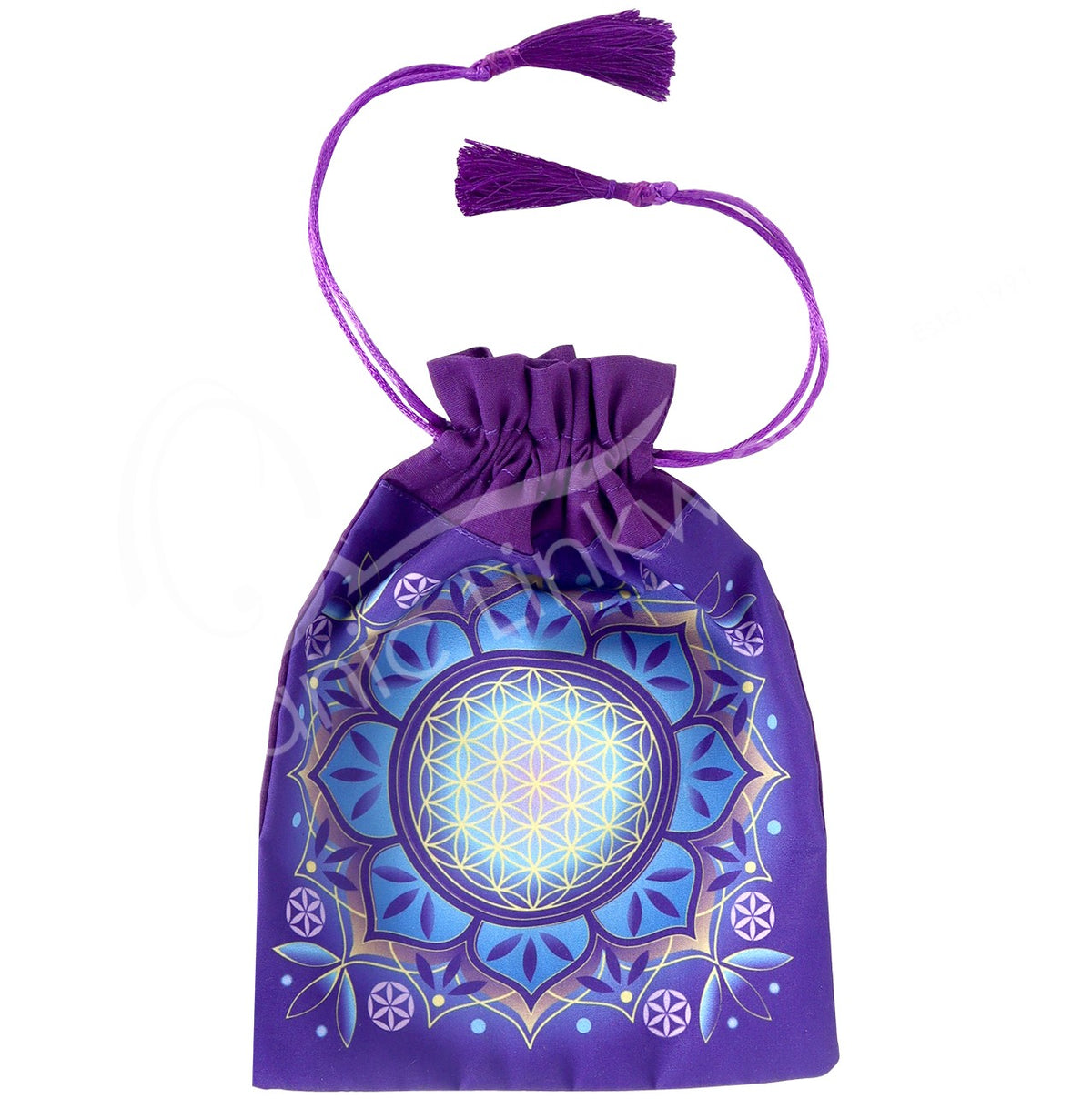 PURPLE FLOWER OF LIFE MANDALA WITH TASSELS 6 X 8″ PRINTED BAG