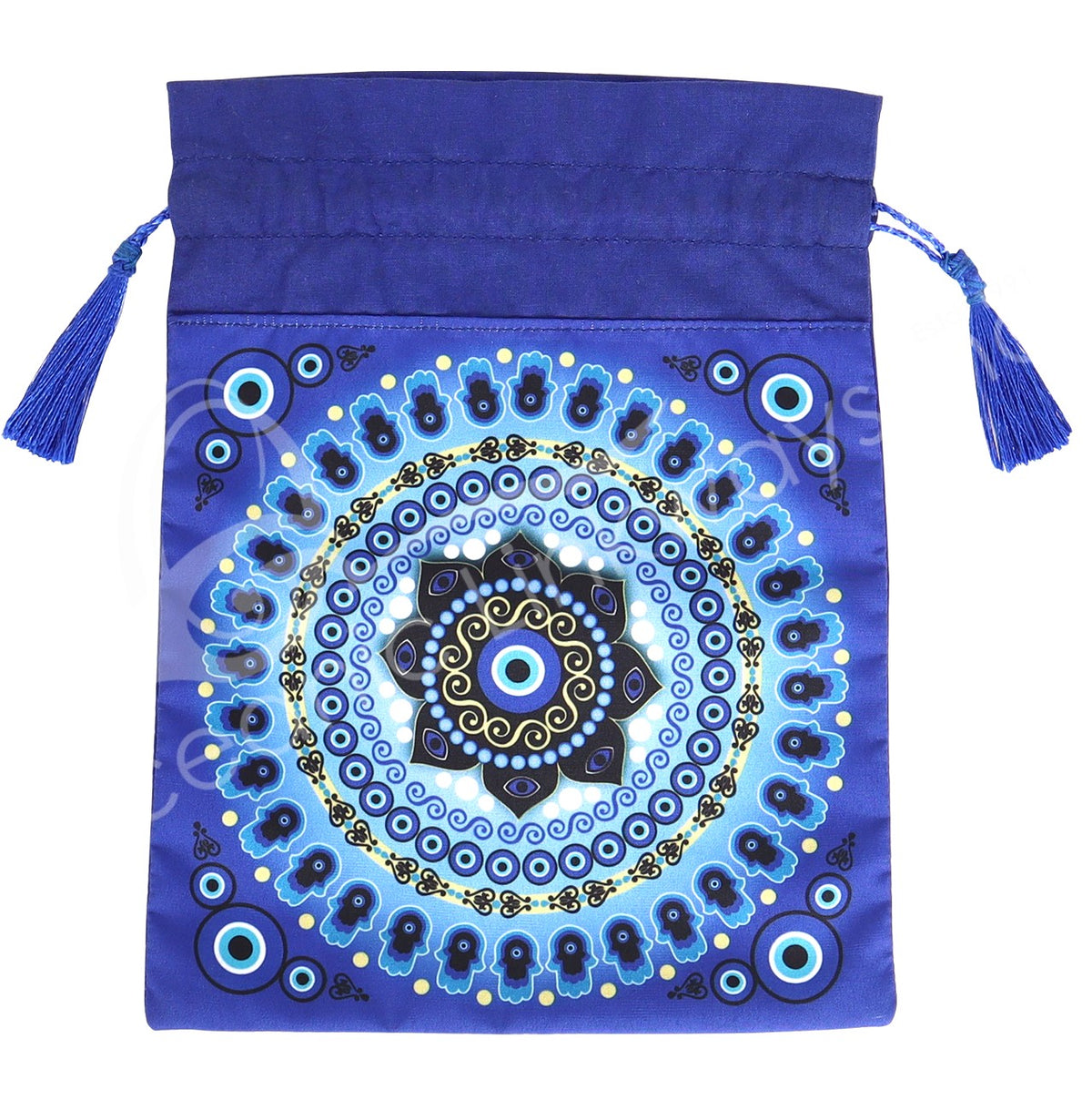 BLUE EVIL EYE MANDALA WITH TASSELS 6 X 8″ PRINTED BAG