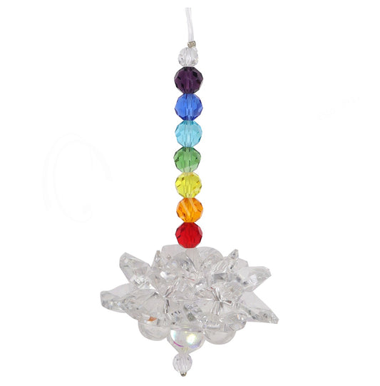 Crystal Glass Lotus W/ Chakra Beads Clear AB Color Hanging Sun Catcher 8.5"