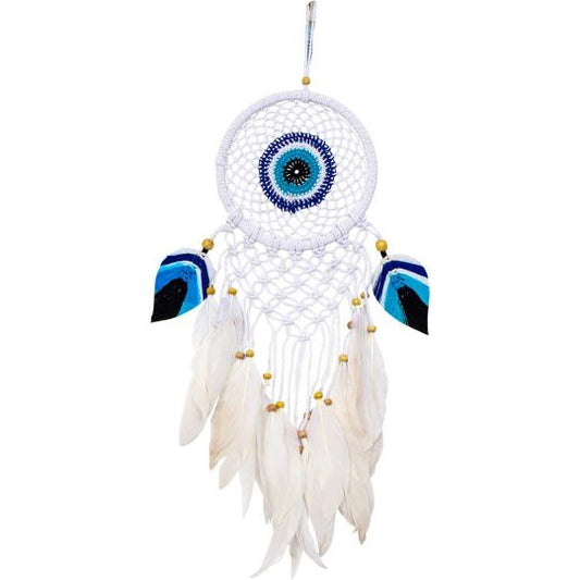 Evil Eye with White Macrame Boho Woven & Black / Blue Leaves Dreamcatcher