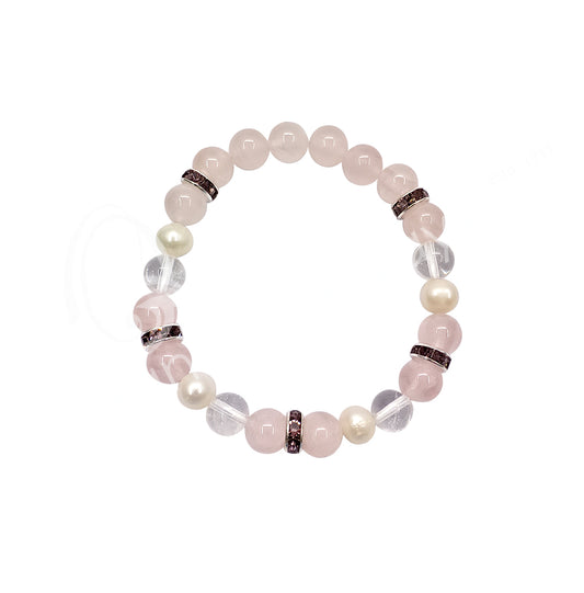 Rose Quartz With Crystal Quartz And Pearls 8MM Beaded Bracelet