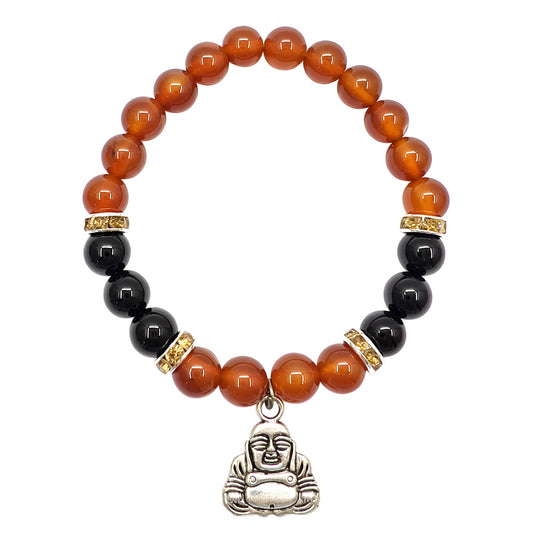 Carnelian Agate Black Onyx with Spacer & Happy Buddha 8mm Beaded Bracelets