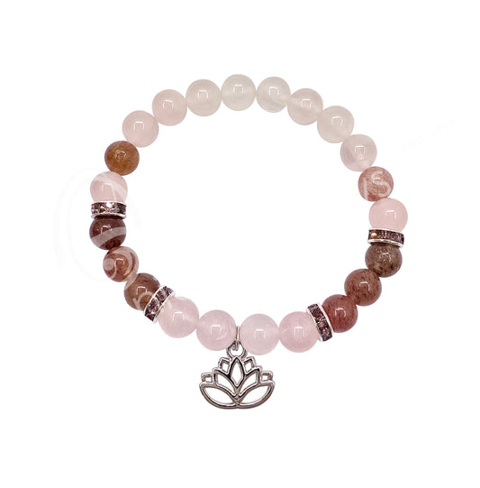 Rose Quartz And Strawberry Quartz 8MM Round Beaded Bracelet With Lotus Charm & Spacer