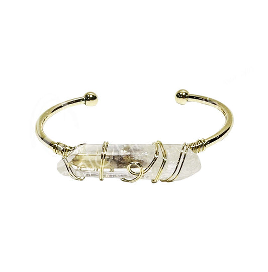 Clear Quartz Point Wire Wrapped Brass Gold Metal Cuff Bracelet