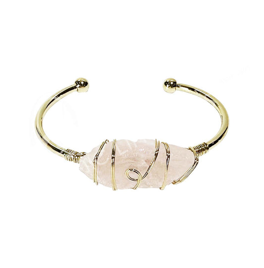 Rose Quartz Raw Wire Wrapped Brass Gold Metal Cuff Bracelet