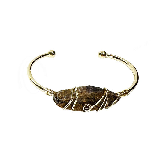 Tiger Eye Raw Wire Wrapped Brass Gold Metal Cuff Bracelet