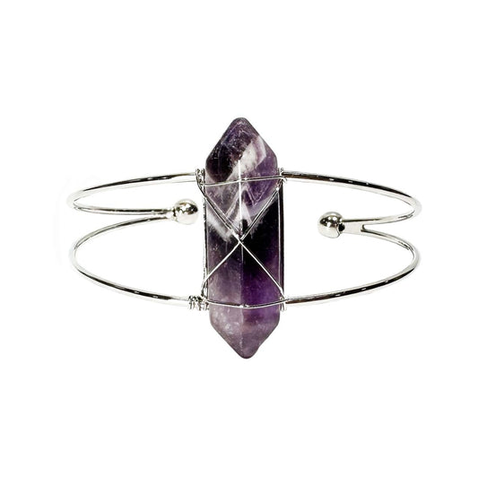 Amethyst D/T Point Wrapped Brass Silver Metal Cuff 2 Wire Bracelet