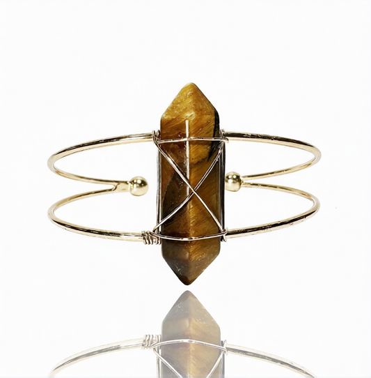 Tiger Eye D/T Point Wrapped Brass Gold Metal Cuff 2 Wire Bracelet