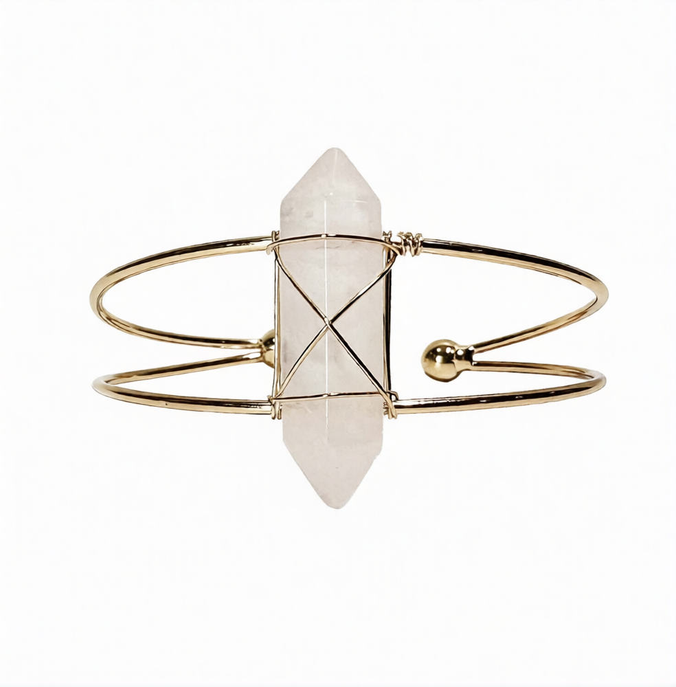 Rose Quartz D/T Point Wrapped Brass Gold Metal Cuff 2 Wire Bracelet