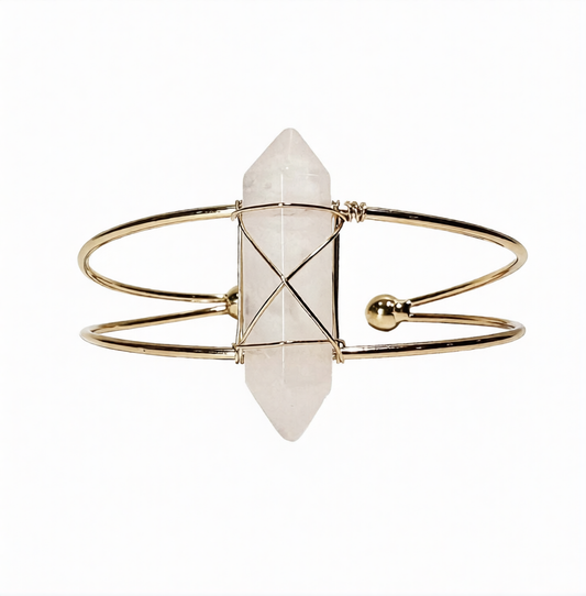 Rose Quartz D/T Point Wrapped Brass Gold Metal Cuff 2 Wire Bracelet
