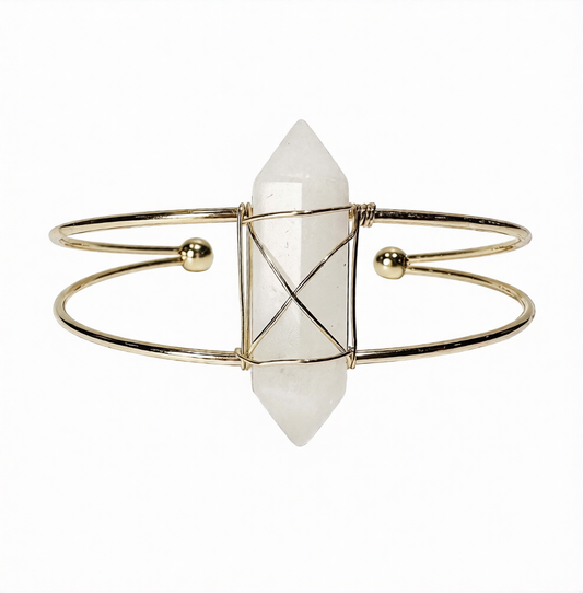 Clear Quartz D/T Point Wrapped Brass Gold Metal Cuff 2 Wire Bracelet