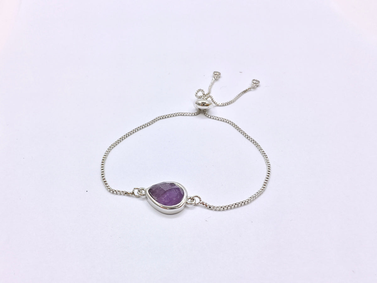 Amethyst Faceted Drop Silver Plated Brass Chain Adjustable Chain Bracelet