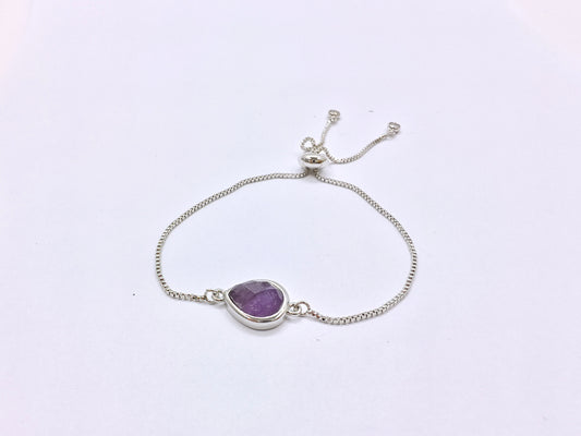 Amethyst Faceted Drop Silver Plated Brass Chain Adjustable Chain Bracelet